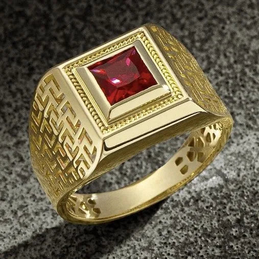 Gold Color Square Hollow with Red Stone Rings