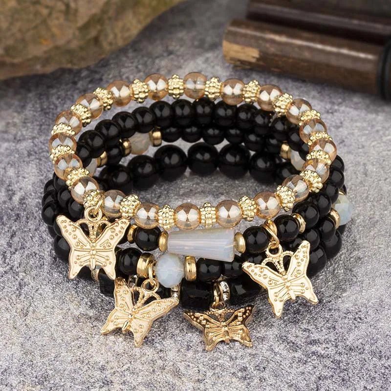 4Pcs Trendy Butterfly Elastic Beaded Bracelet Set For Women