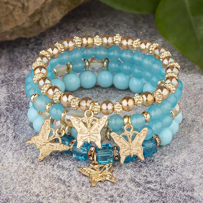 4Pcs Trendy Butterfly Elastic Beaded Bracelet Set For Women