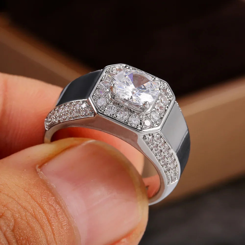 925 Sterling Silver Men AAA Crystal Zircon Stone Wedding Ring