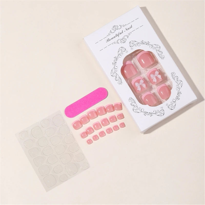 24 pcs Bow False French Tip Press on Toenails
