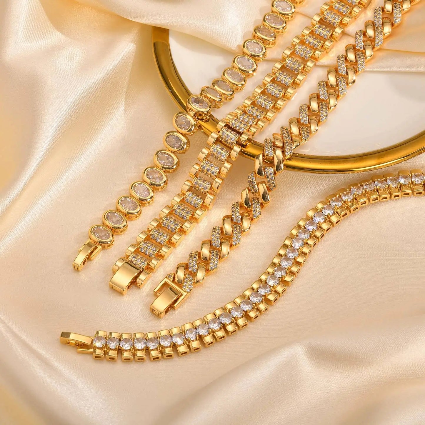 14K Gold Plated Cubic Zirconia Adjustable Bracelet Jewelry For Women