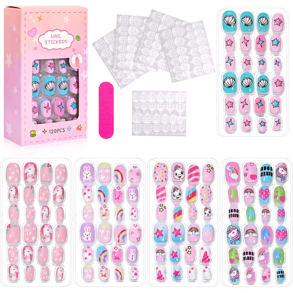 120 Children's Press on Kids Cartoon Acrylic Fake Nails