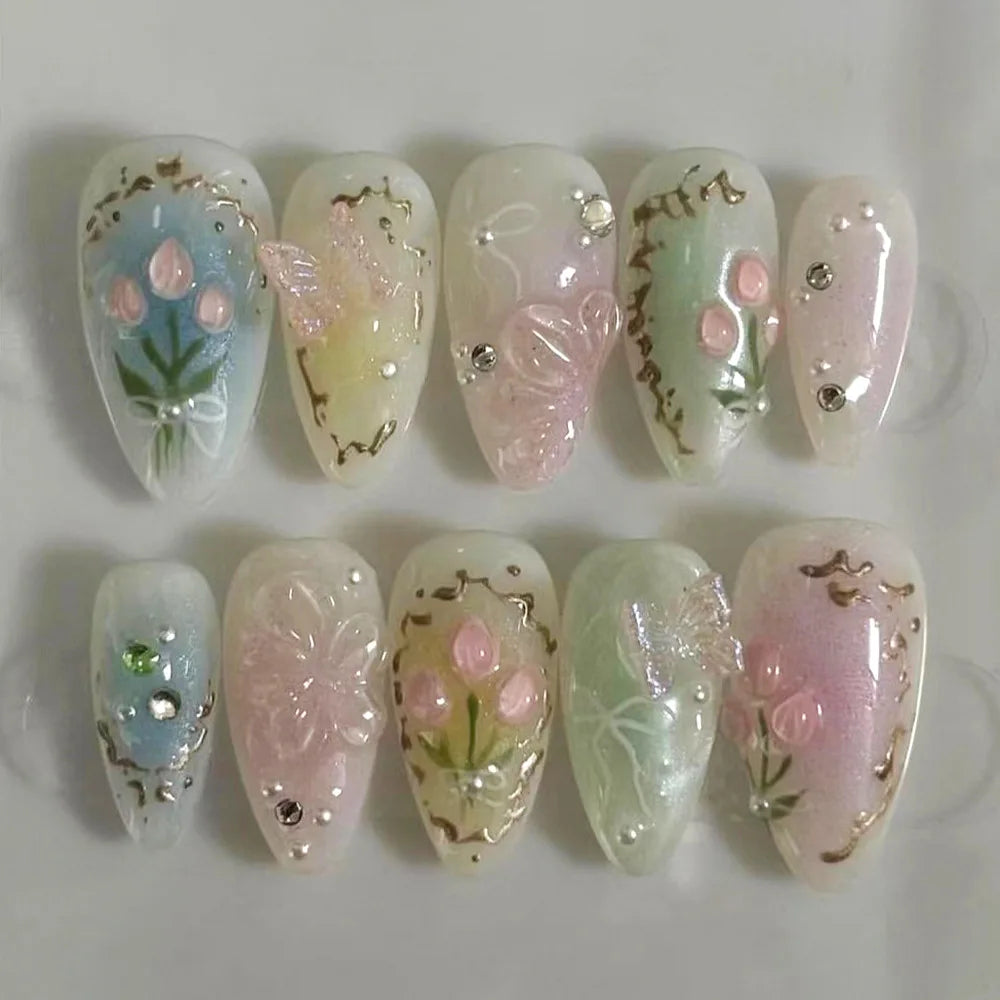 24Pcs Pink French Press on Fake Nails with Glue