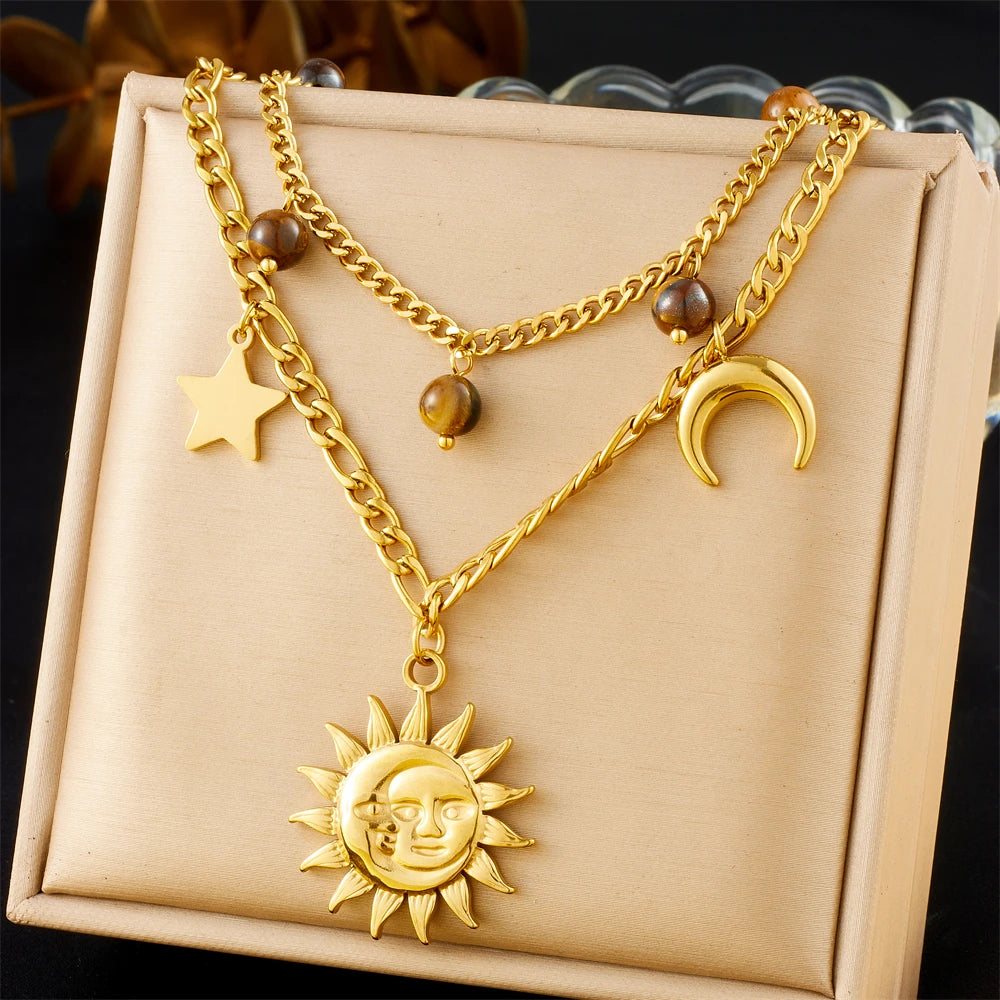 Stainless Steel Gold Multiple Pendant Necklace for  Women
