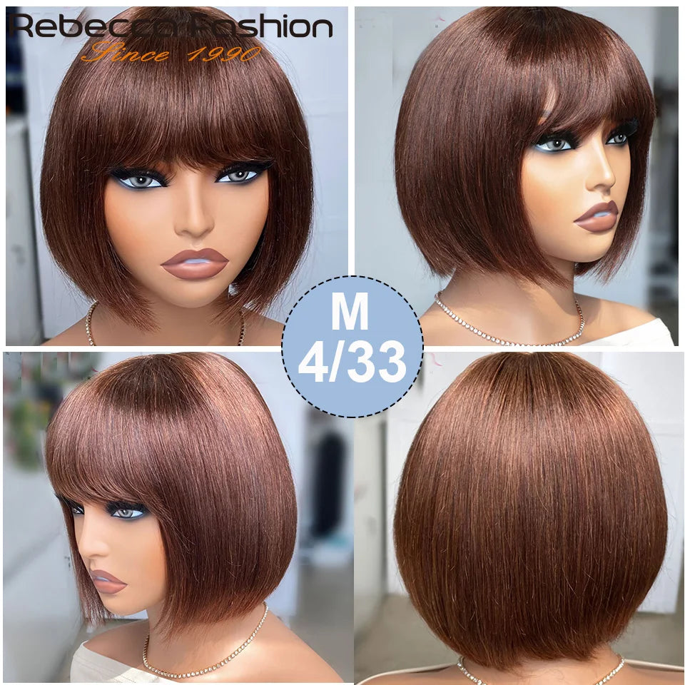 Straight Human Hair With Bangs Fringe Middle Part Bob Lace Wigs