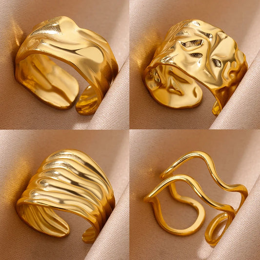 Irregular Gold Geometric Chunky Opening Rings for Women