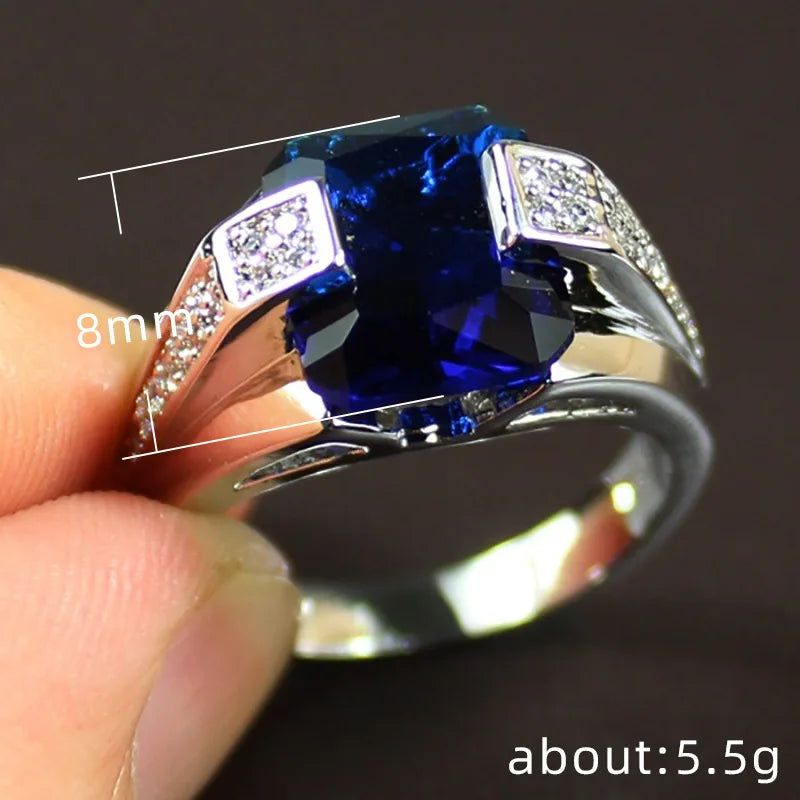 925 Sterling Silver Cubic Zirconia Blue Stone Ring for Men/Women