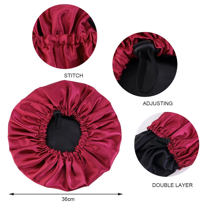 Silky Satin Bonnet Cap for Sleeping Large Double Layer Reversible Adjustable