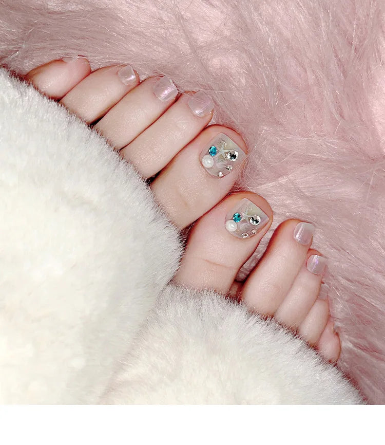 24 PCS Designed Fake Press On Short Toenails with Decorations Accessories