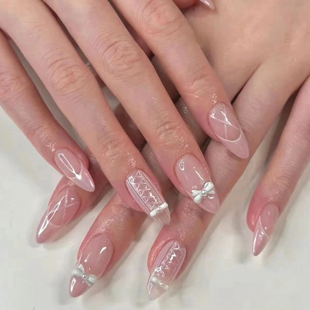 24Pcs Almond Long French False Nails