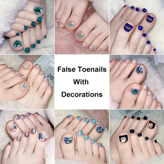 24 PCS Designed Fake Press On Short Toenails with Decorations Accessories