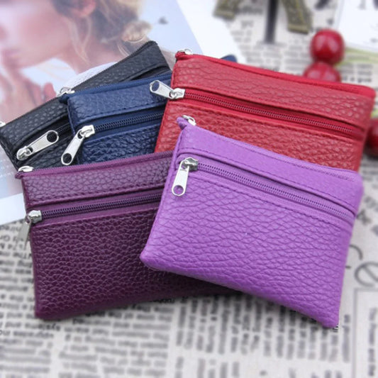 Mini PU Leather Coin Purse for Female with 2 Zippers