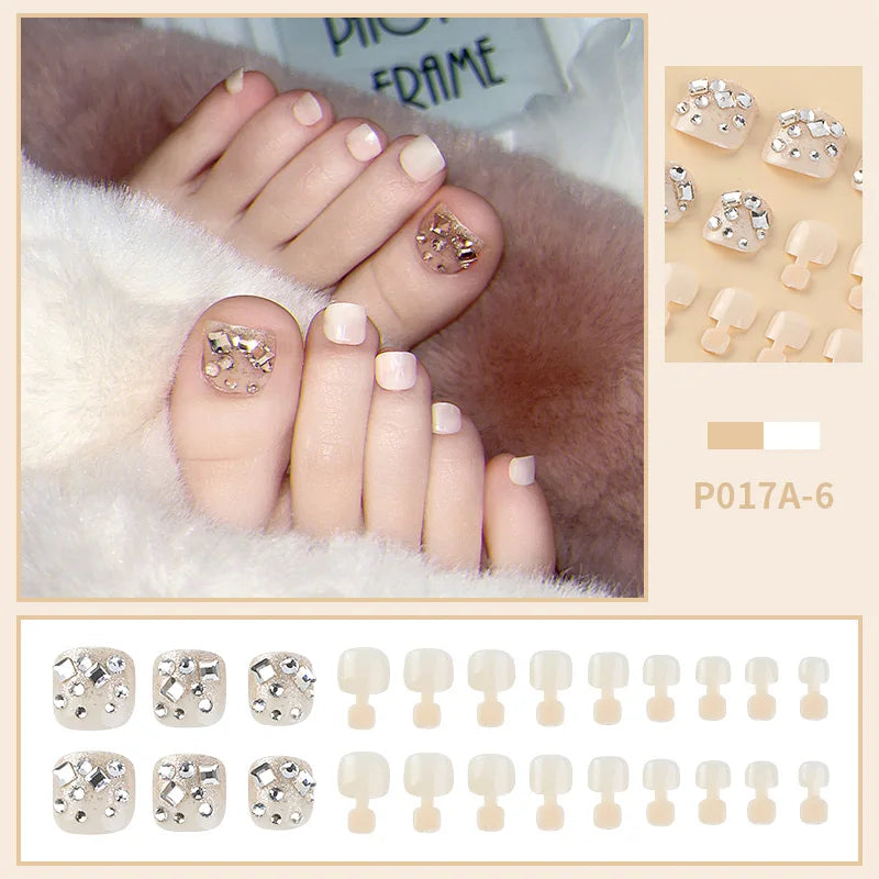24 PCS Designed Fake Press On Short Toenails with Decorations Accessories