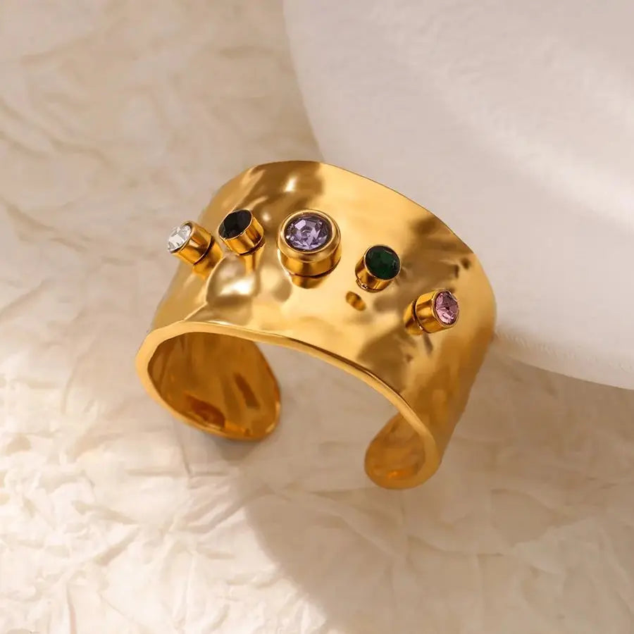 Geometric Zircon Chunky Adjustable Gold Plated Rings for Women