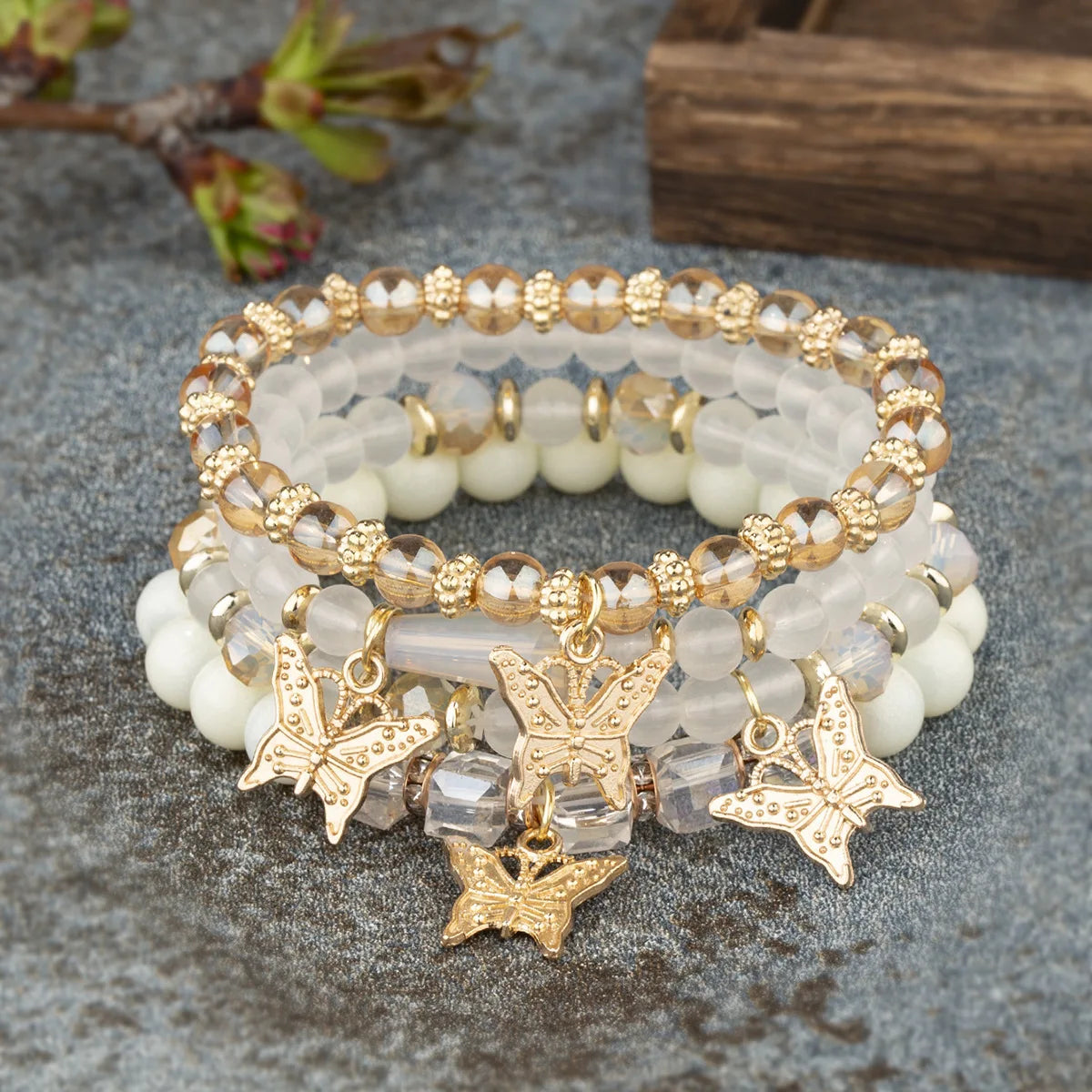 4Pcs Trendy Butterfly Elastic Beaded Bracelet Set For Women
