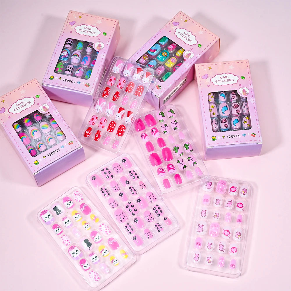 120 Children's Press on Kids Cartoon Acrylic Fake Nails