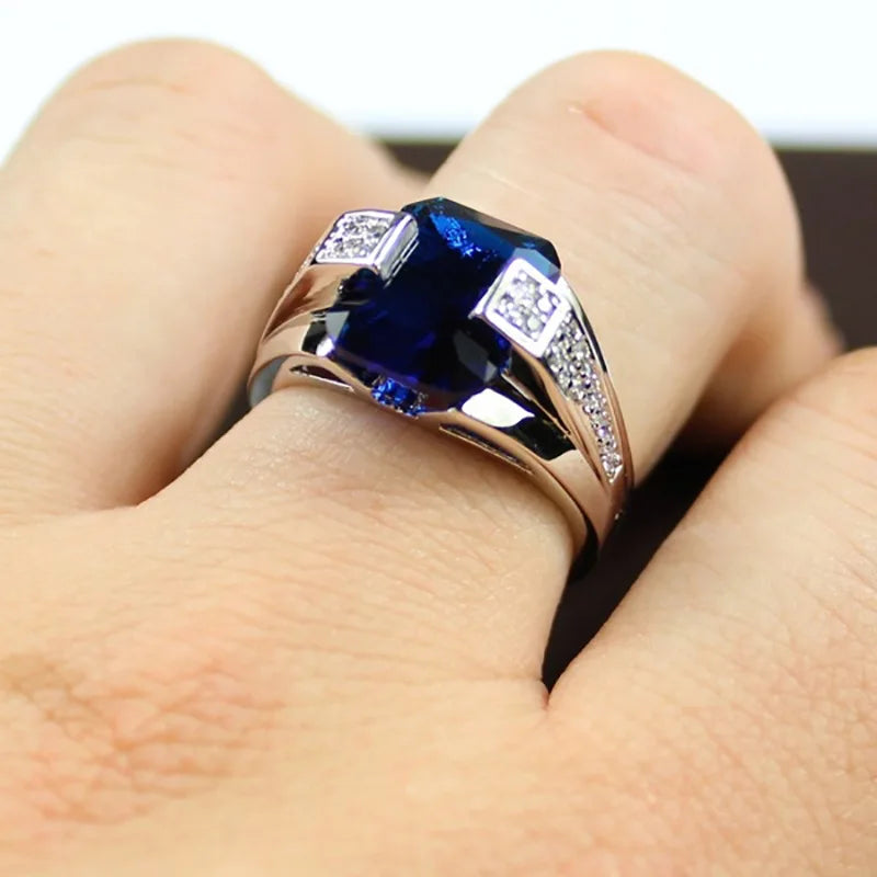925 Sterling Silver Cubic Zirconia Blue Stone Ring for Men/Women