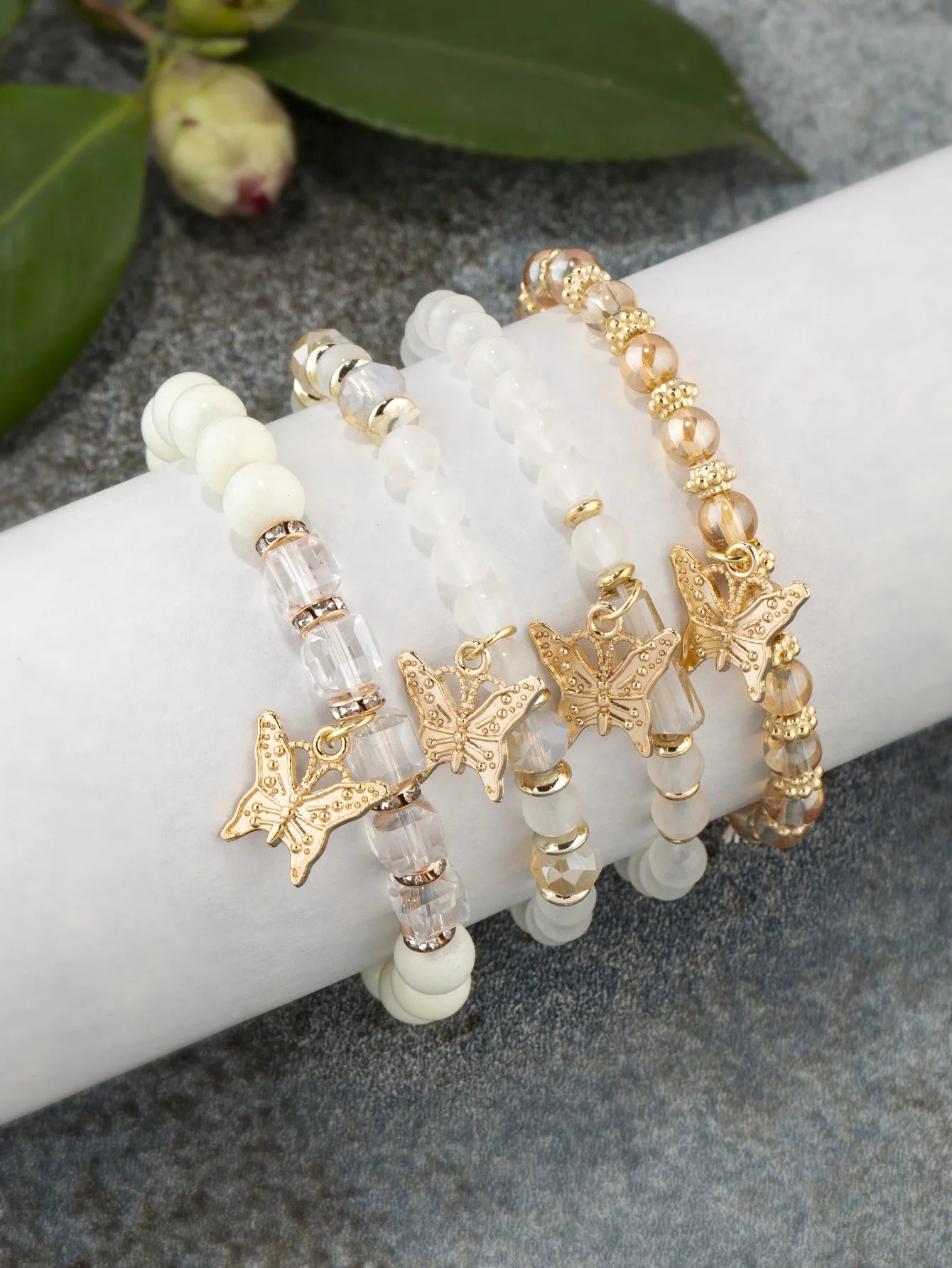 4Pcs Trendy Butterfly Elastic Beaded Bracelet Set For Women