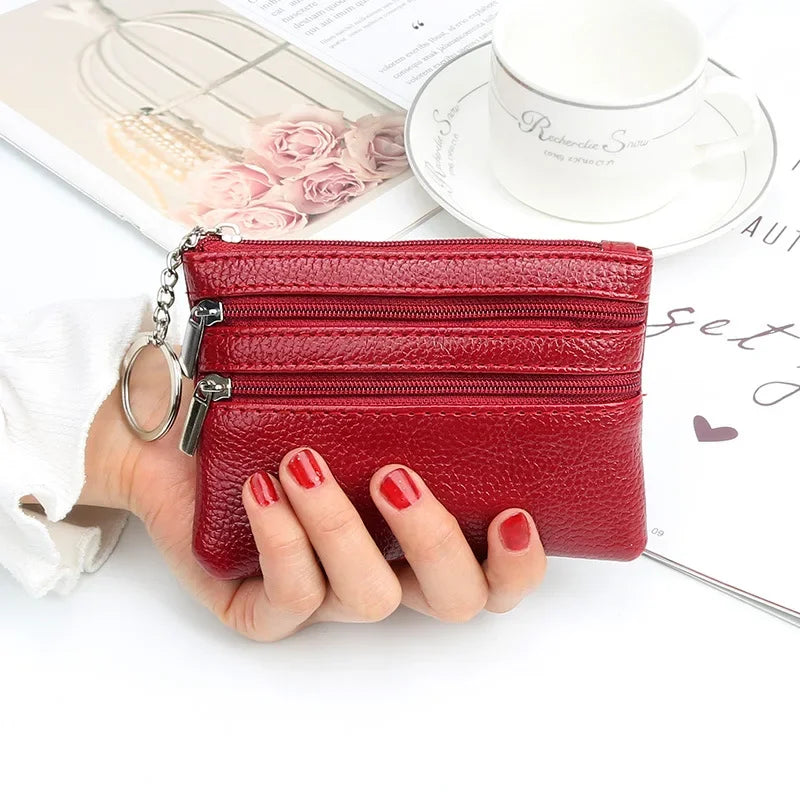 PU Mini Leather Women's Wallet Three Zippers with Keychain