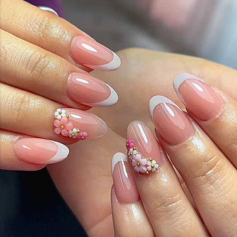 24Pcs Pink French Press on Fake Nails with Glue