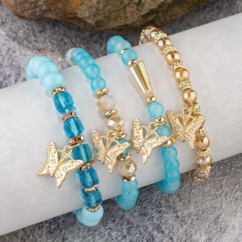 4Pcs Trendy Butterfly Elastic Beaded Bracelet Set For Women