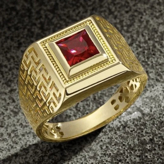 Gold Color Square Hollow with Red Stone Rings