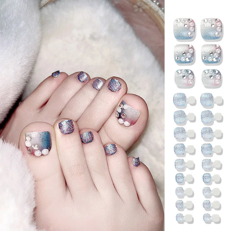 24 PCS Designed Fake Press On Short Toenails with Decorations Accessories