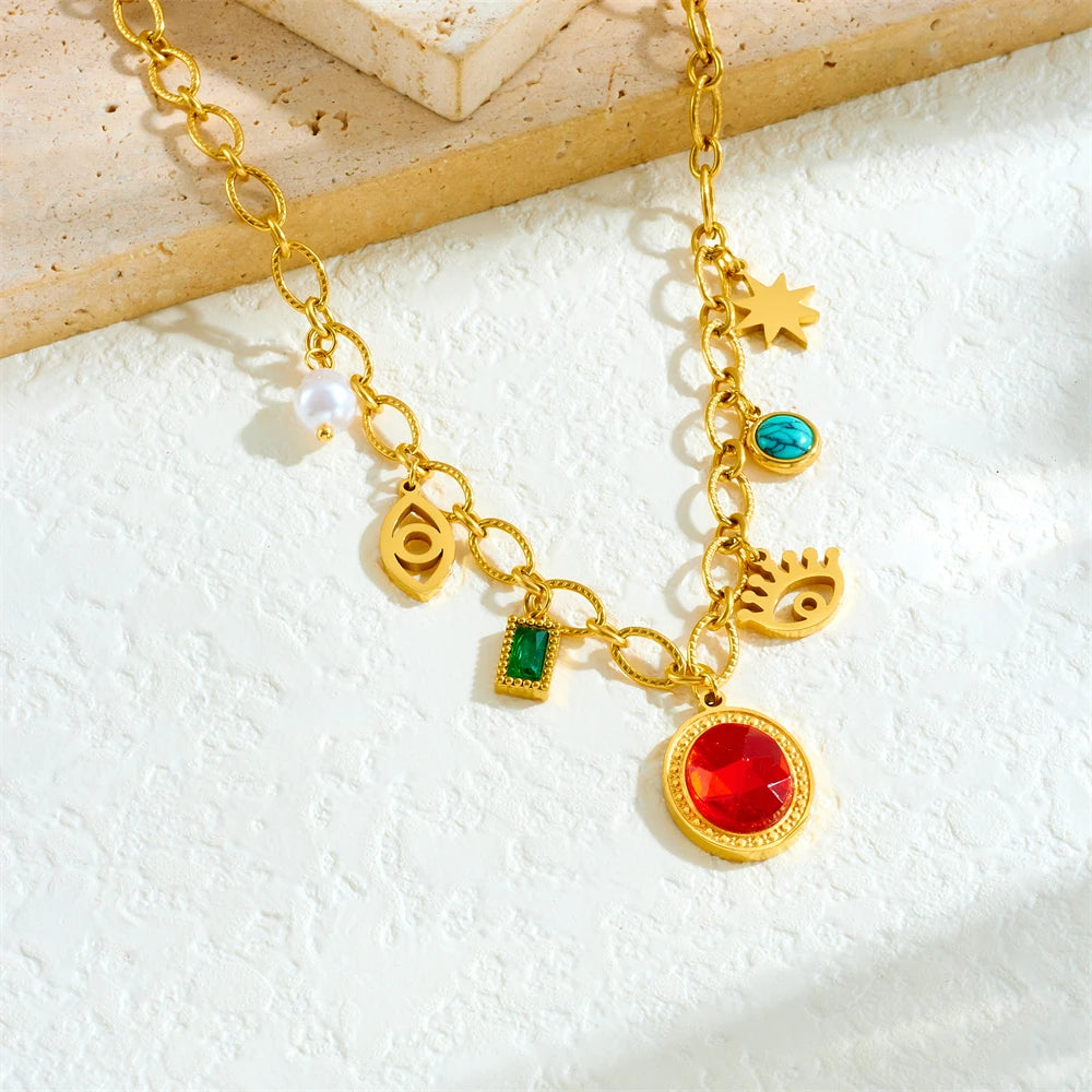 Stainless Steel Gold Multiple Pendant Necklace for  Women