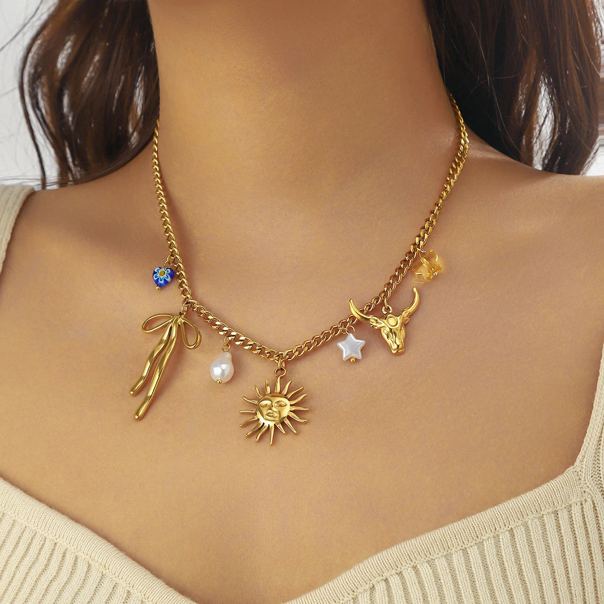 Stainless Steel Gold Multiple Pendant Necklace for  Women