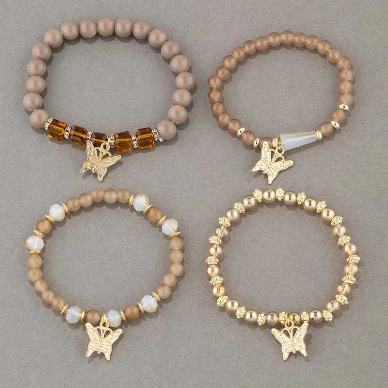 4Pcs Trendy Butterfly Elastic Beaded Bracelet Set For Women