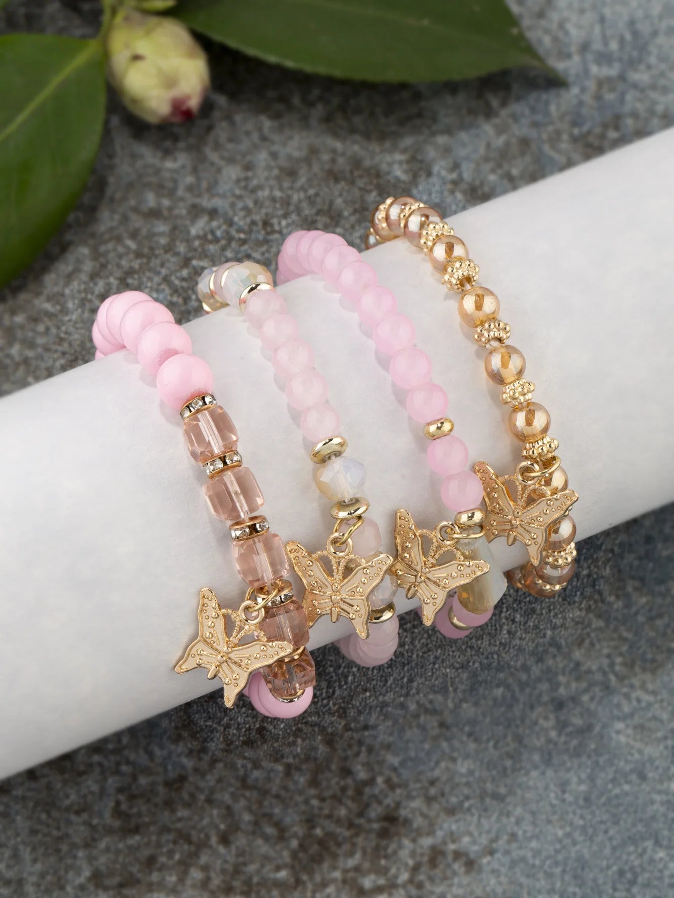 4Pcs Trendy Butterfly Elastic Beaded Bracelet Set For Women
