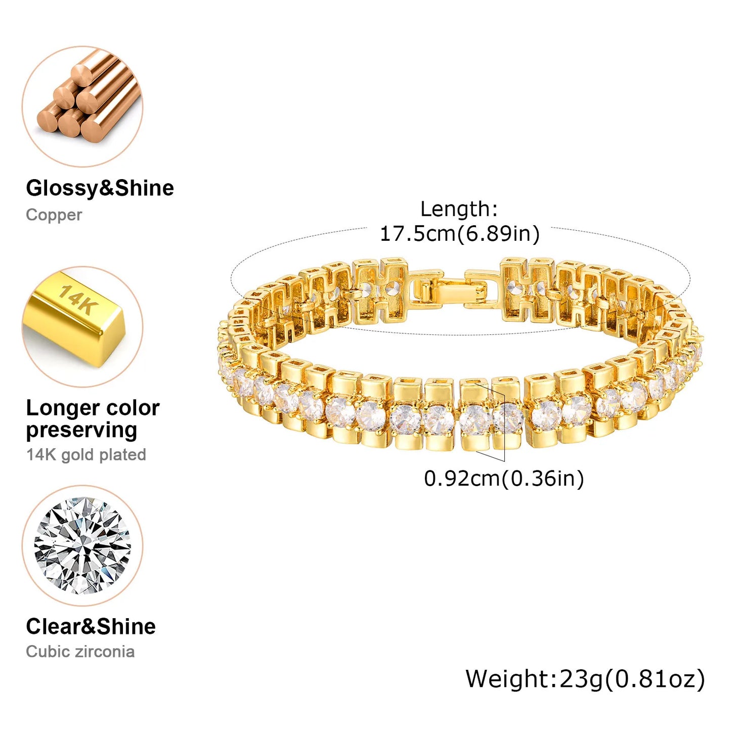 14K Gold Plated Cubic Zirconia Adjustable Bracelet Jewelry For Women