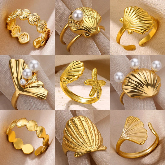Gold Plated Starfish & Shell Pearl Rings for Women