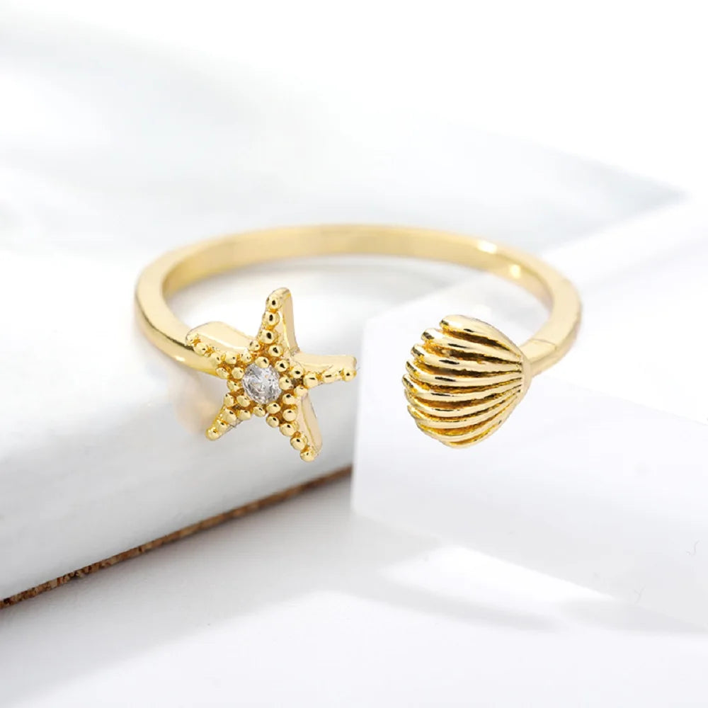 Gold Plated Starfish & Shell Pearl Rings for Women