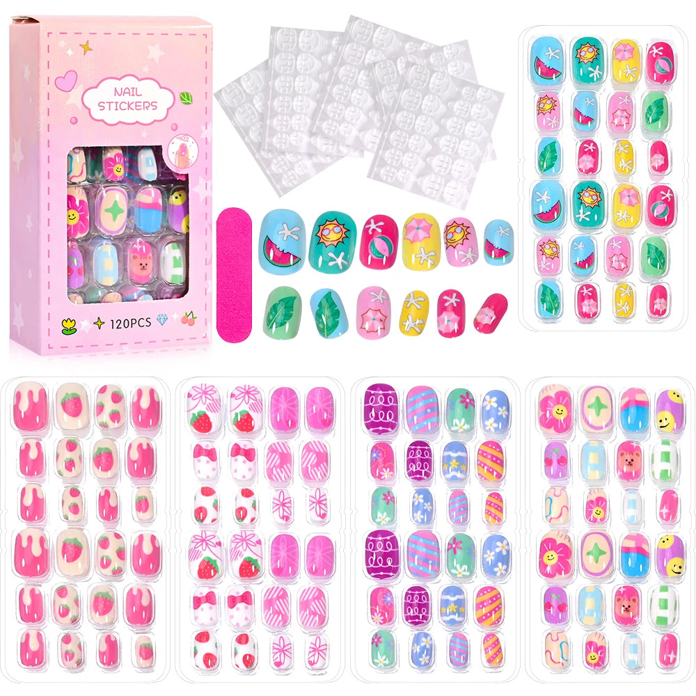 120 Children's Press on Kids Cartoon Acrylic Fake Nails