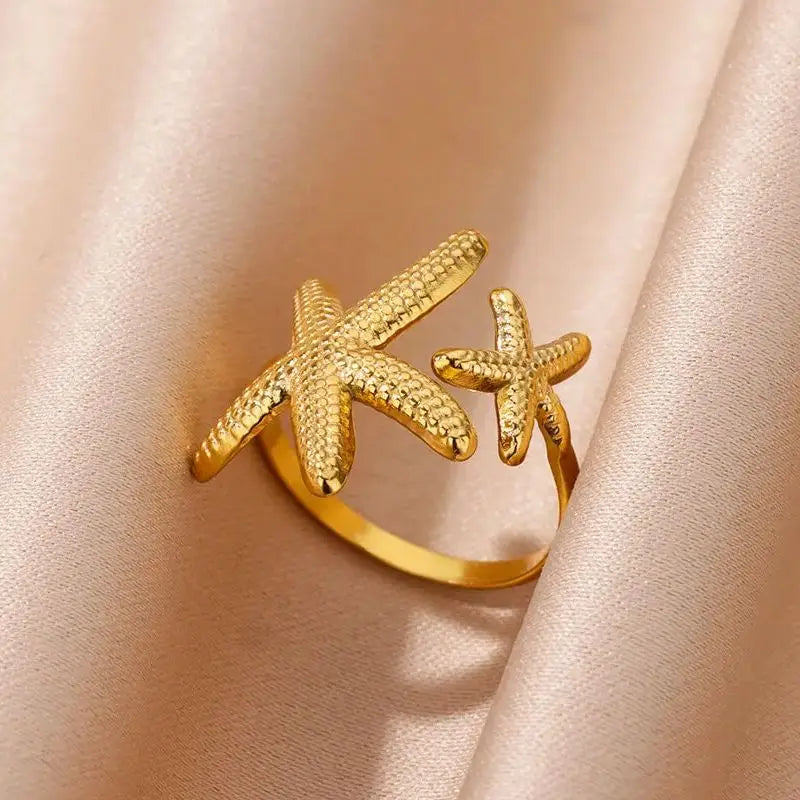 Gold Plated Starfish & Shell Pearl Rings for Women