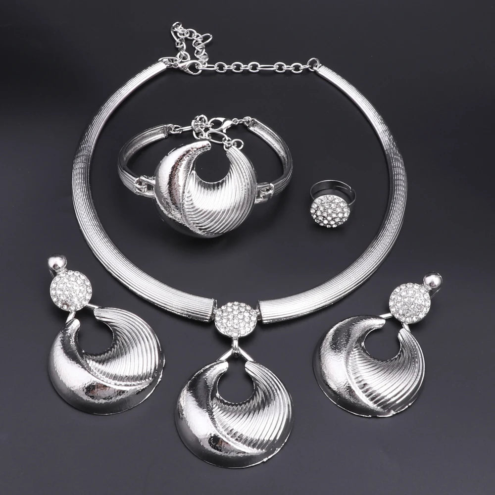 Dubai Silver Plated Jewelry Set For Women Necklace Earrings Bracelet And Ring Set