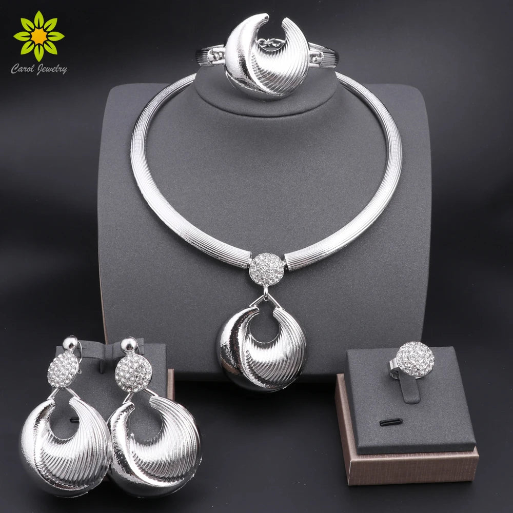 Dubai Silver Plated Jewelry Set For Women Necklace Earrings Bracelet And Ring Set