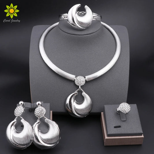 Dubai Silver Plated Jewelry Set For Women Necklace Earrings Bracelet And Ring Set