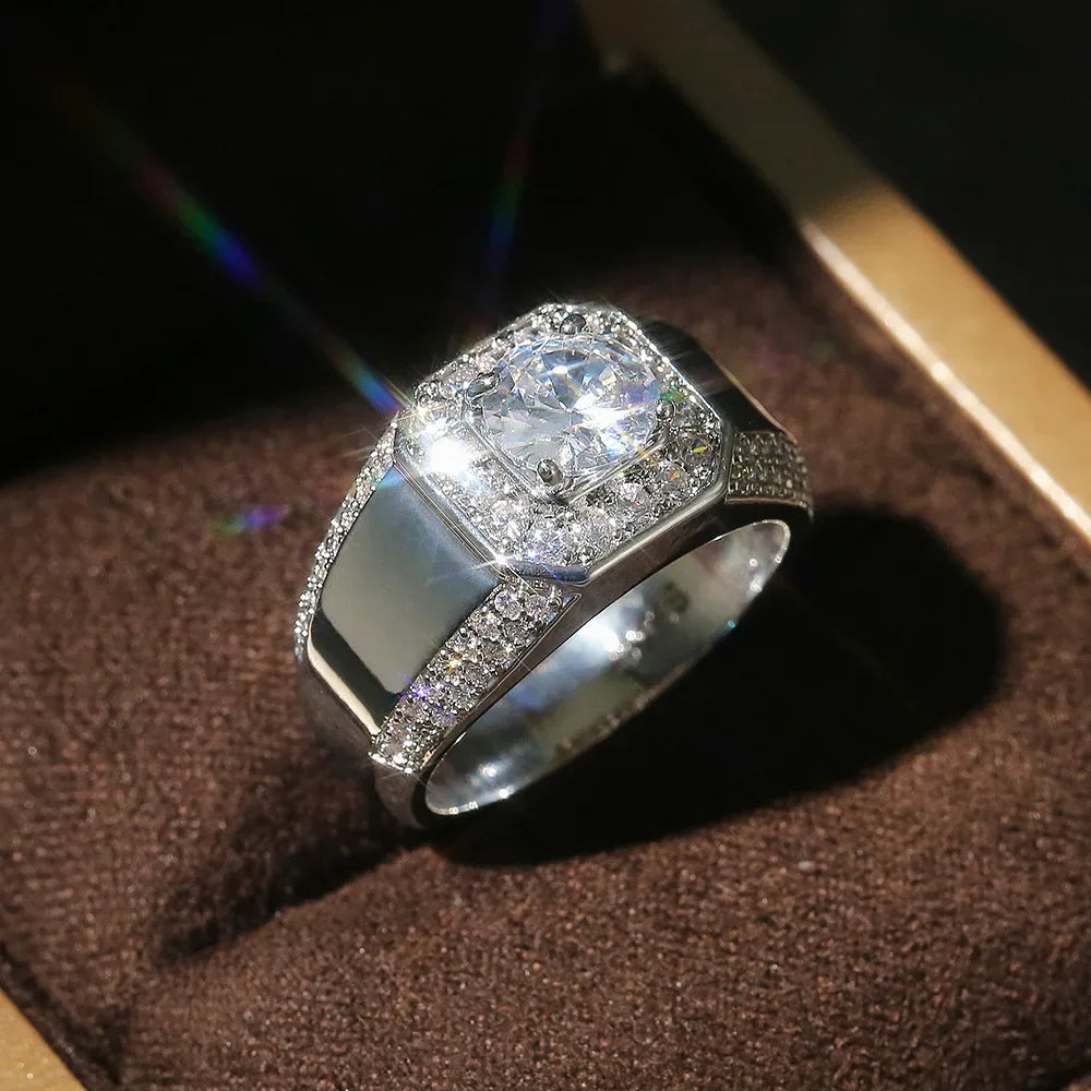 925 Sterling Silver Men AAA Crystal Zircon Stone Wedding Ring