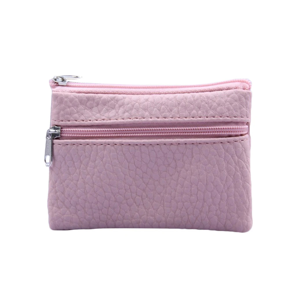 Mini PU Leather Coin Purse for Female with 2 Zippers