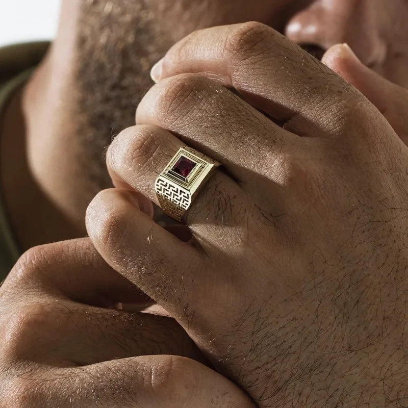 Gold Color Square Hollow with Red Stone Rings