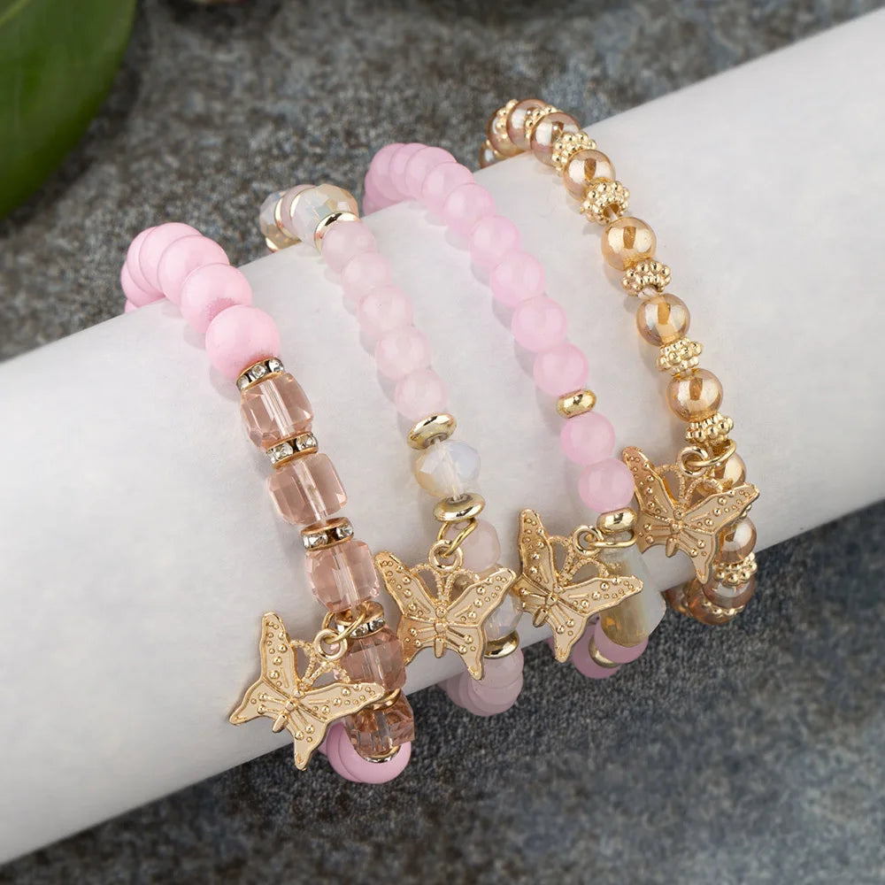 4Pcs Trendy Butterfly Elastic Beaded Bracelet Set For Women