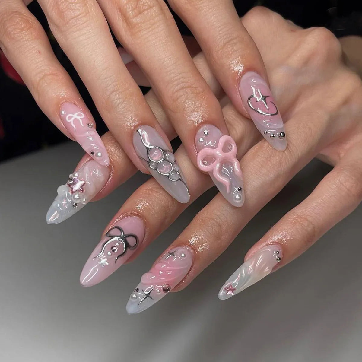 24Pcs Almond Long French False Nails