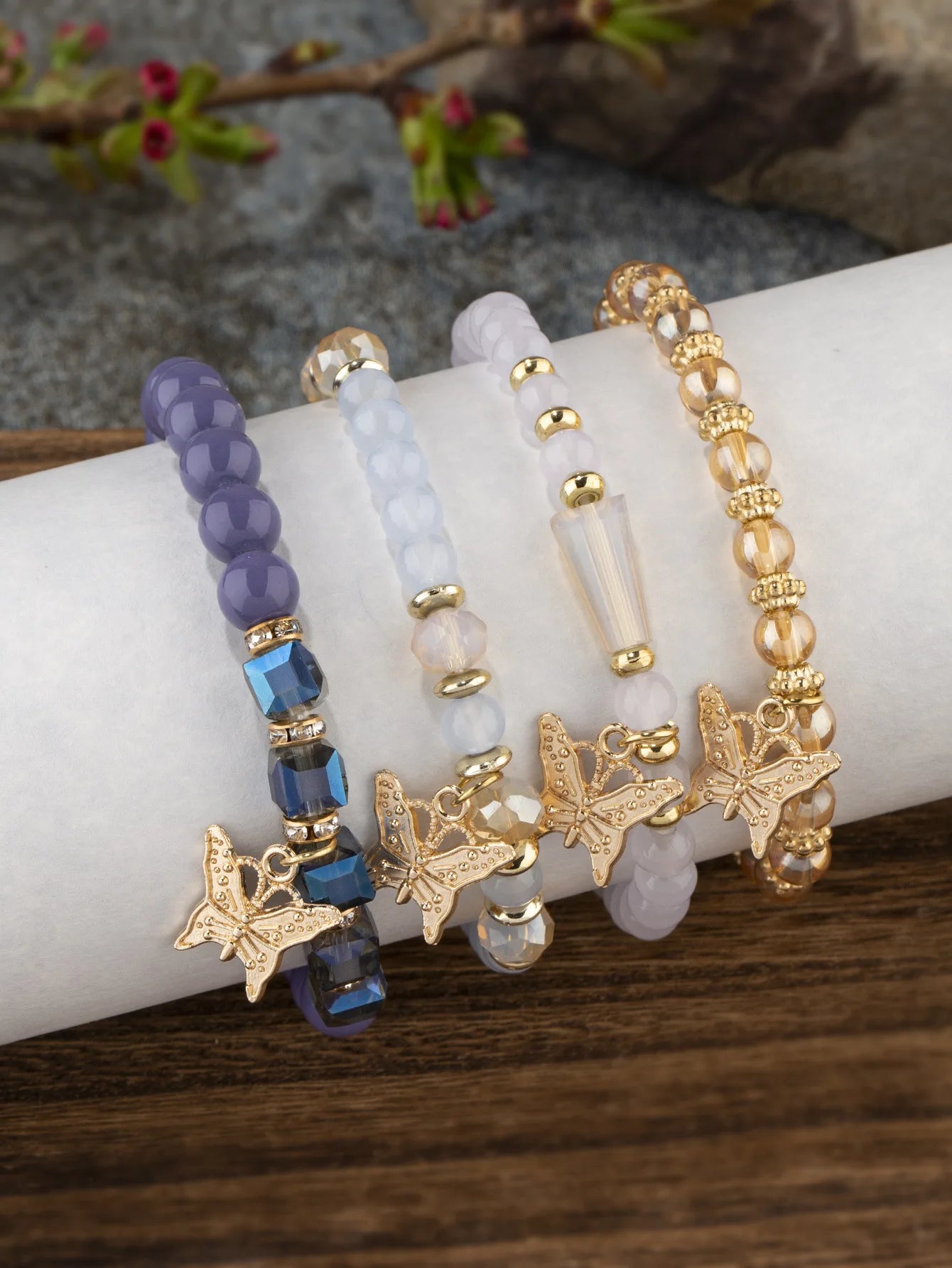 4Pcs Trendy Butterfly Elastic Beaded Bracelet Set For Women