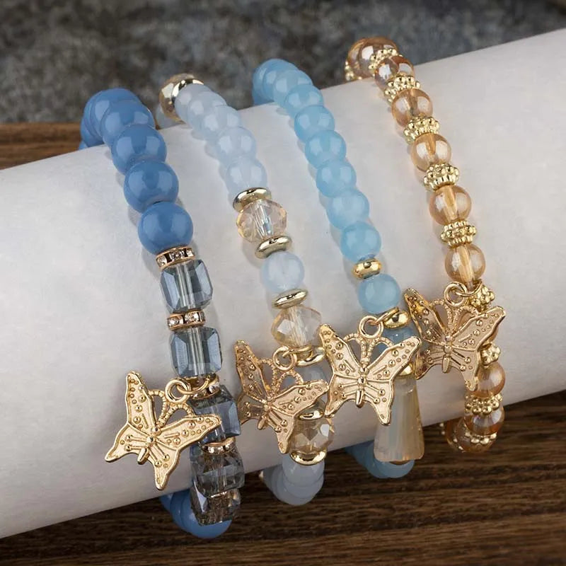 4Pcs Trendy Butterfly Elastic Beaded Bracelet Set For Women