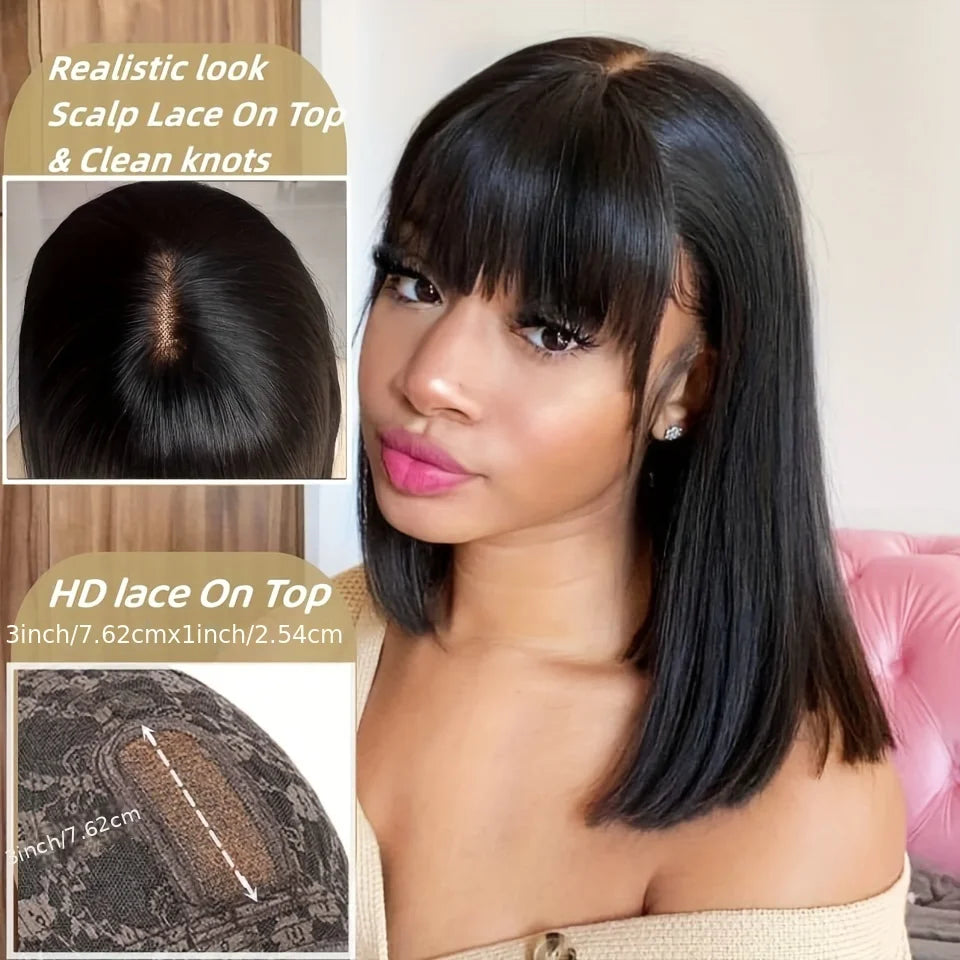 Straight Human Hair With Bangs Fringe Middle Part Bob Lace Wigs