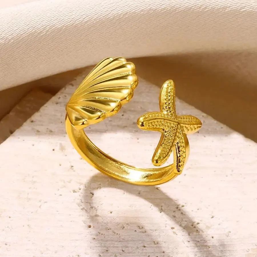 Gold Plated Starfish & Shell Pearl Rings for Women