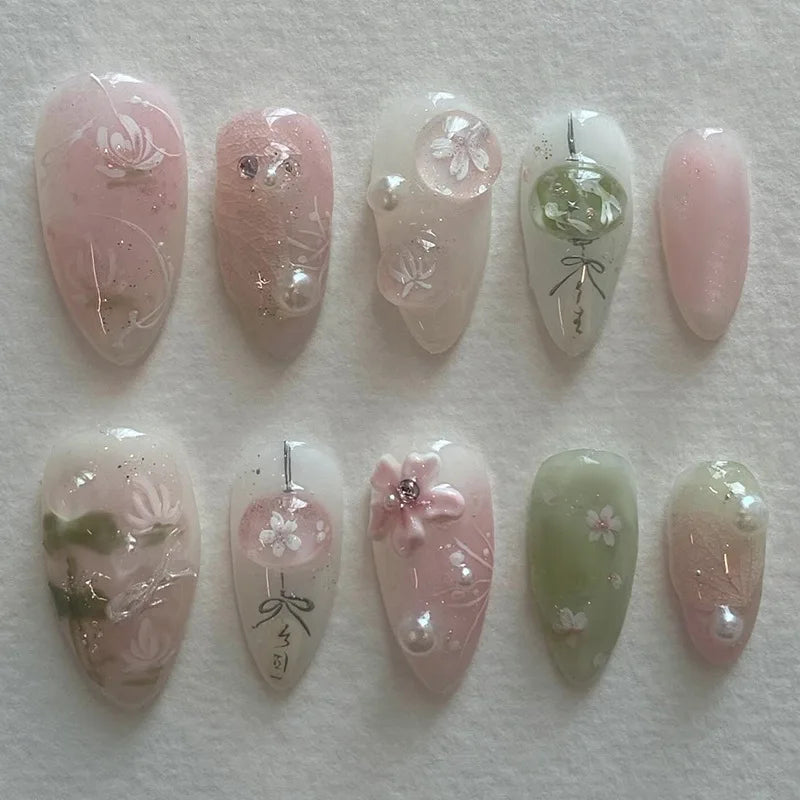 24Pcs Pink French Press on Fake Nails with Glue